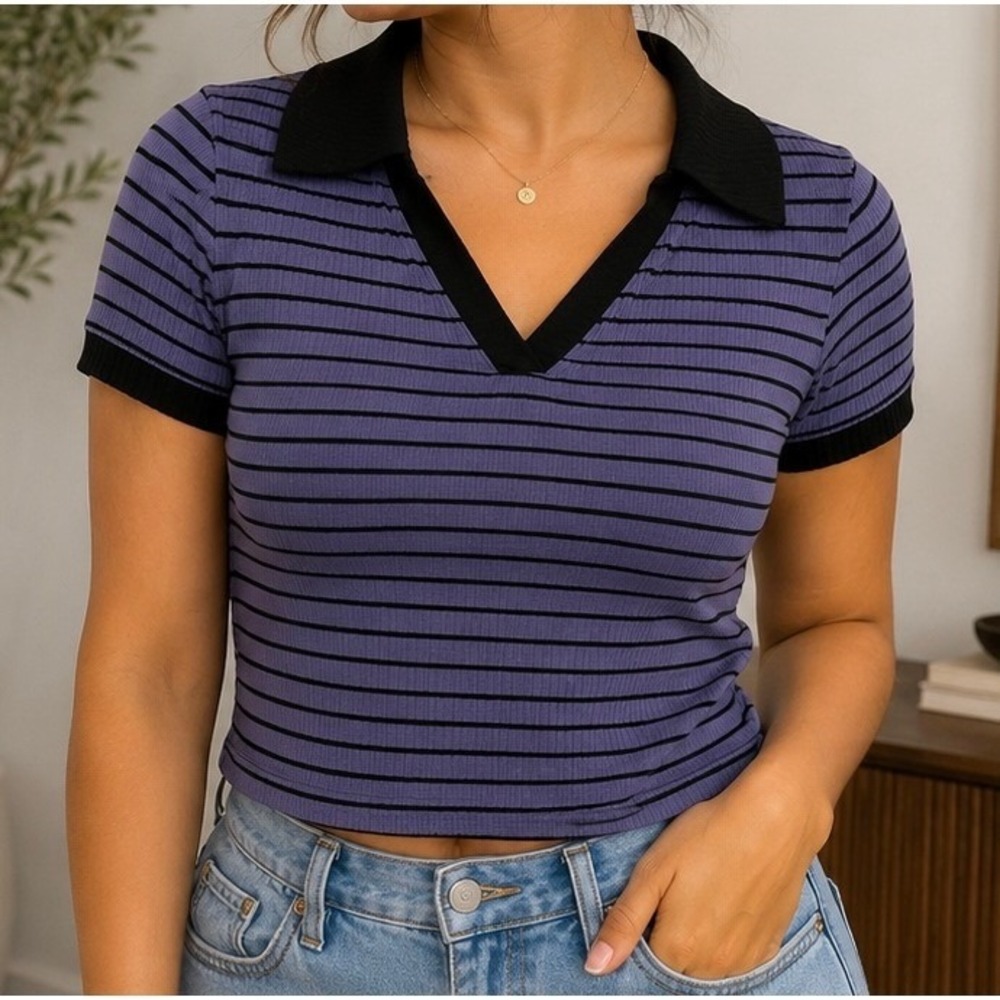 Blue Black Striped Cropped Collar V-Neck Short Sleeve Top Size-M